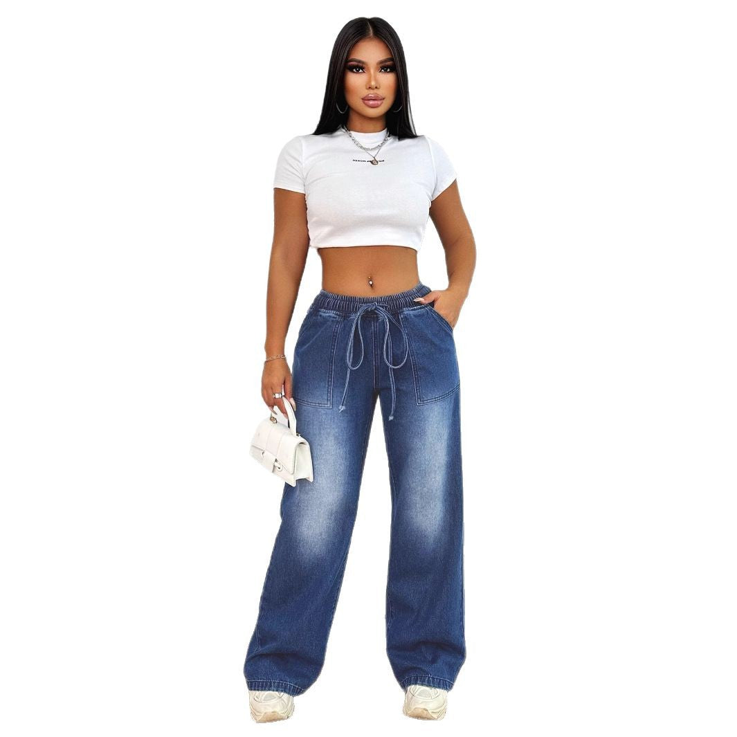 Damen Weite Jeanshose mit elastischem Bund und modischen Taschen Stalluxe