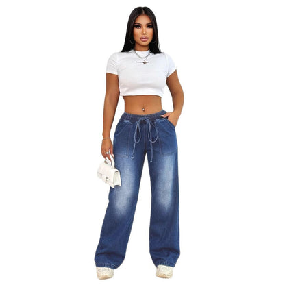 Damen Weite Jeanshose mit elastischem Bund und modischen Taschen Stalluxe