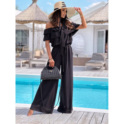 Damen Eleganter Off-Shoulder Jumpsuit mit weitem Bein und Rüschendetails Stalluxe