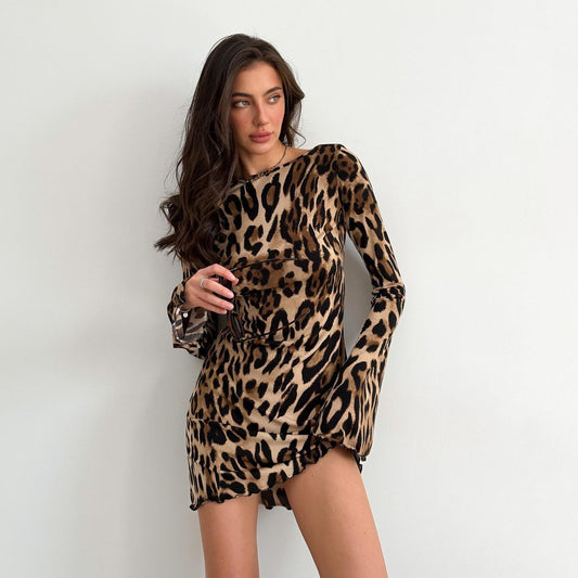 Damen Sexy Minikleid im Leopardenmuster mit langen Ärmeln und elastischem Obermaterial Stalluxe