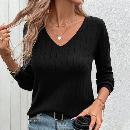 Damen lässiges Langarmshirt mit strukturiertem V-Ausschnitt Stalluxe