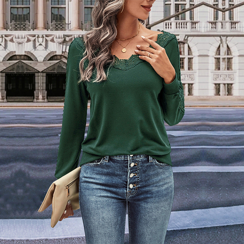 Damen Langarmshirt mit Spitzenverzierung und V-Ausschnitt Stalluxe
