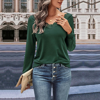 Damen Langarmshirt mit Spitzenverzierung und V-Ausschnitt Stalluxe