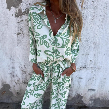 Women's Floral Print Button-Up Shirt and Wide-Leg Trouser Set Stalluxe