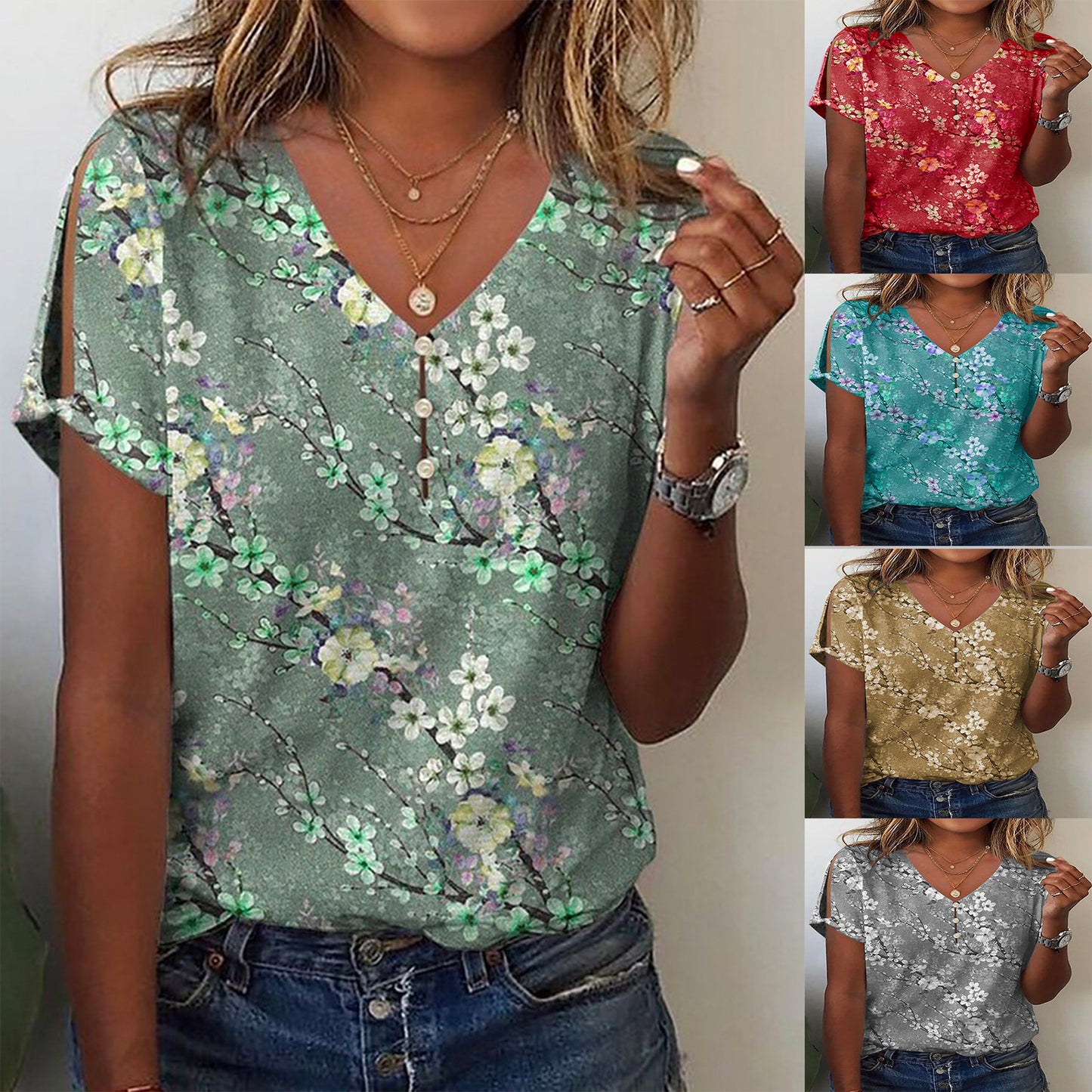 Damen Blumendruck Kurzarm Bluse Stalluxe