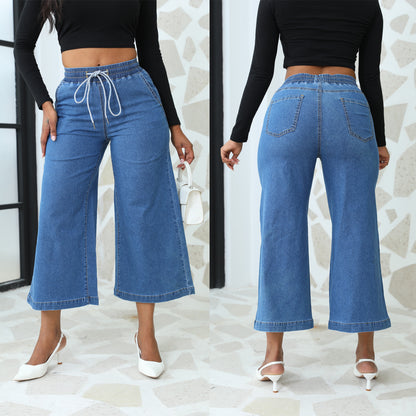 Damen weite Denim-Hose mit elastischem Bund und Kordelzug Stalluxe