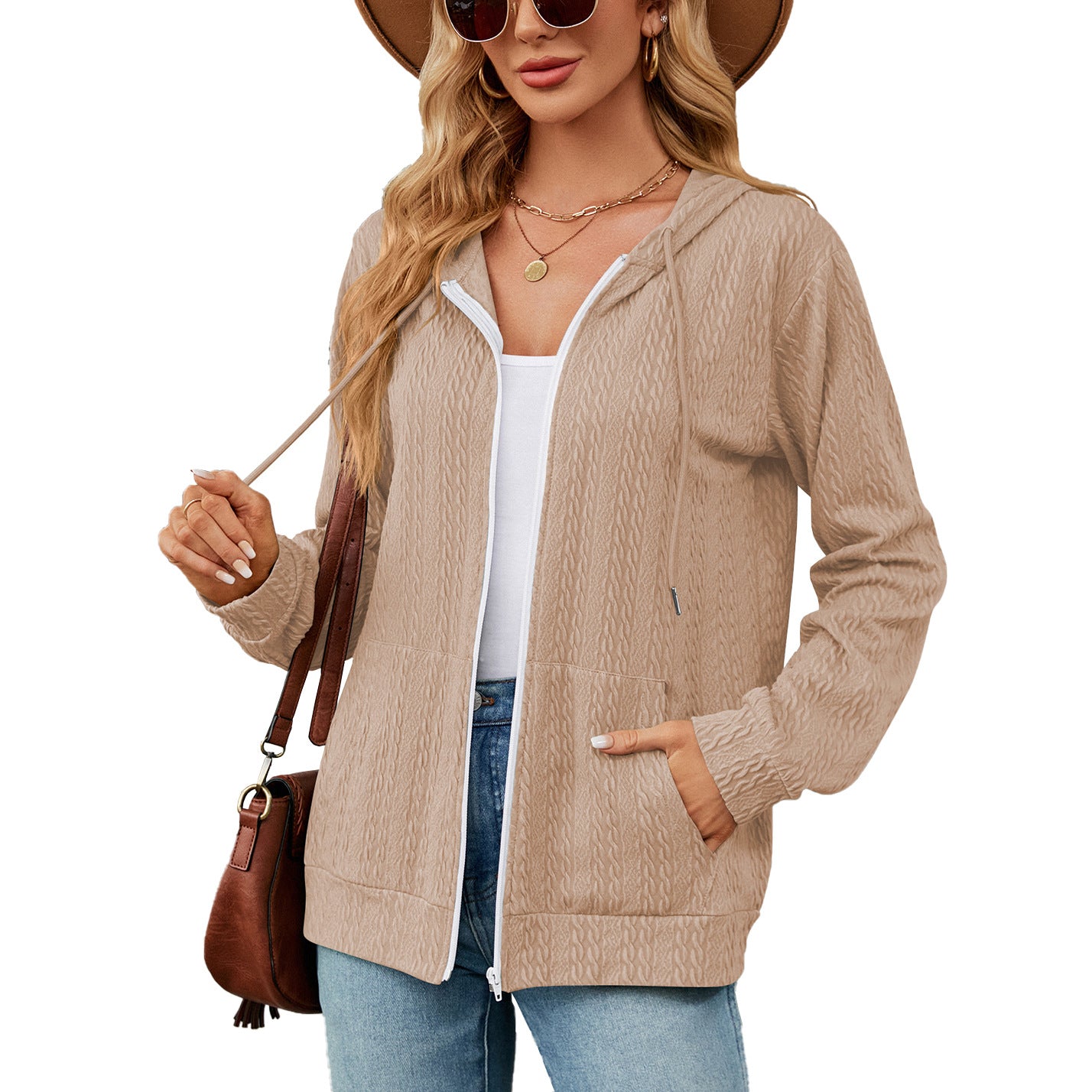 Damen Strickjacke mit hohem Kragen und vielseitigem Design Stalluxe Khaki