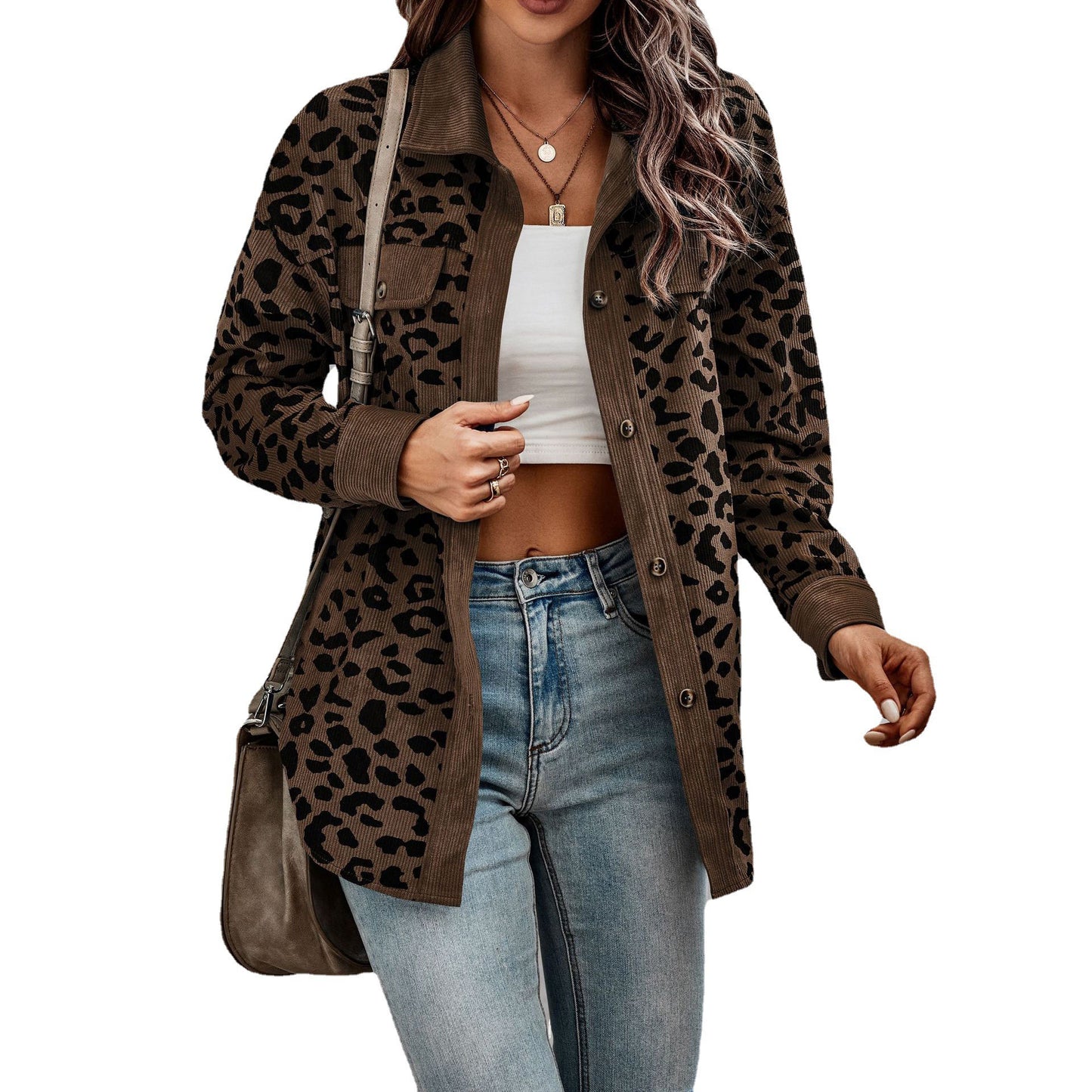 Damen Cordjacke im modernen Leo-Druck mit Taschen und Knopfdetails Stalluxe
