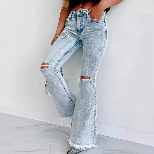 Damen Flared Jeans mit modischen Fransen und Rissen Stalluxe