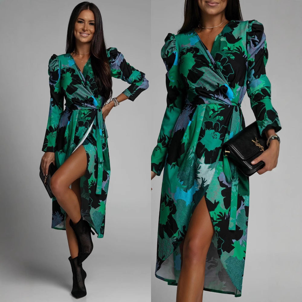 Damen Wickelkleid mit floralen Mustern und eleganten Puffärmeln Stalluxe