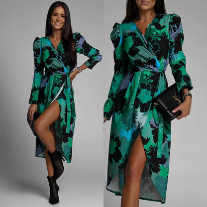 Damen Wickelkleid mit floralen Mustern und eleganten Puffärmeln Stalluxe