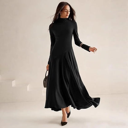 Damen Elegantes Langarm Maxikleid mit hohem Kragen und fließendem Rock Stalluxe