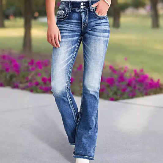Damen Bootcut Jeans mit trendigem Used-Look und verzierten Taschen Stalluxe