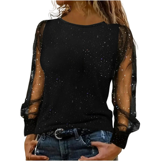 Damen elegantes Oberteil mit glitzernden transparenten Ärmeln Stalluxe
