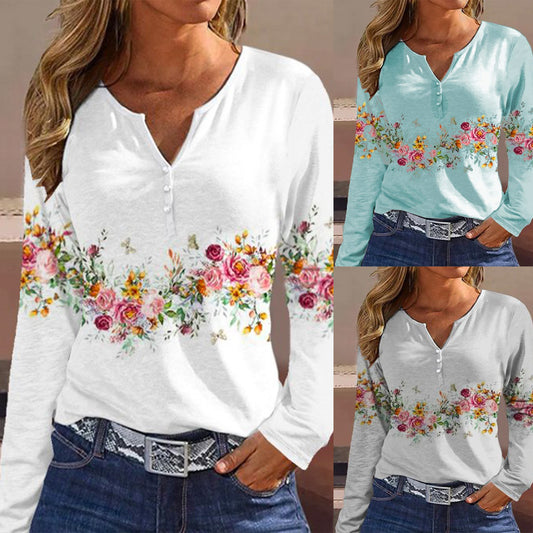 Damen Langarmshirt mit floralem Motiv und Knopfdetails Stalluxe