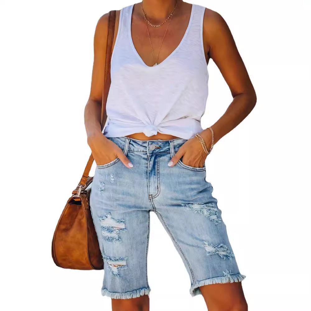 Damen lässige Denim-Shorts mit fransigem Saum und auffälligem Used-Look Stalluxe