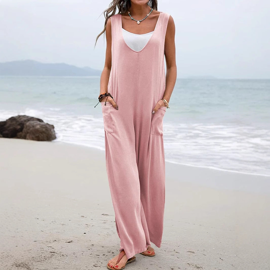 Damen Weit geschnittene Sommer-Jumpsuit mit praktischen Taschen und V-Ausschnitt Stalluxe