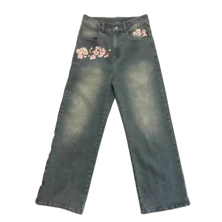 Damen Weite Jeans mit floralen Applikationen Stalluxe