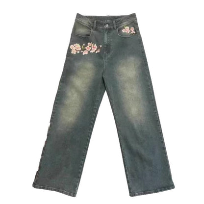 Damen Weite Jeans mit floralen Applikationen Stalluxe