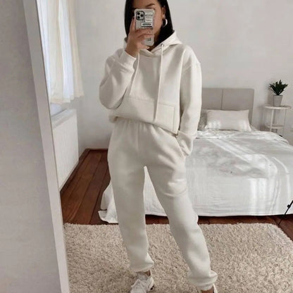 Damen lässiger Fleece-Sweatsuit mit cropped Hoodie und elastischer Hose Stalluxe
