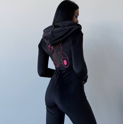 Damen Kapuzenkleid mit funkelndem Bärenmotiv und figurbetonendem Schnitt Stalluxe Schwarz