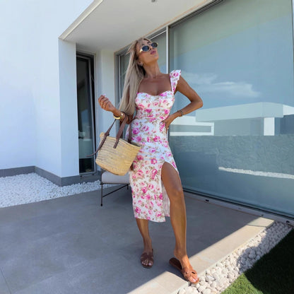 Damen Floral Maxikleid mit Rüschendetails und seitlichem Schlitz Stalluxe