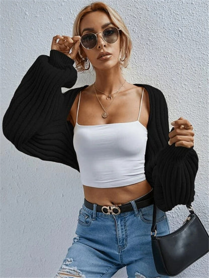 Damen lässige Strickjacke mit voluminösen Ärmeln und feinem Rippenmuster Stalluxe