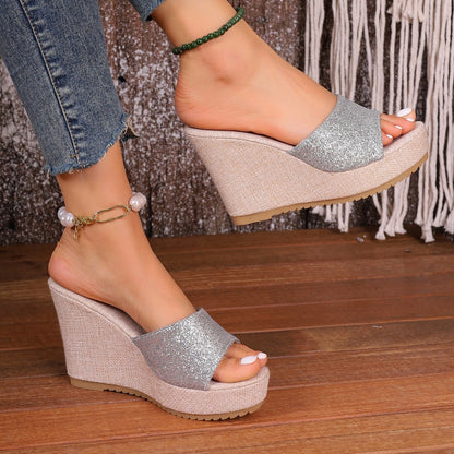 Damen Wedge-Pantoletten mit Glitzer und rutschfester Sohle Stalluxe