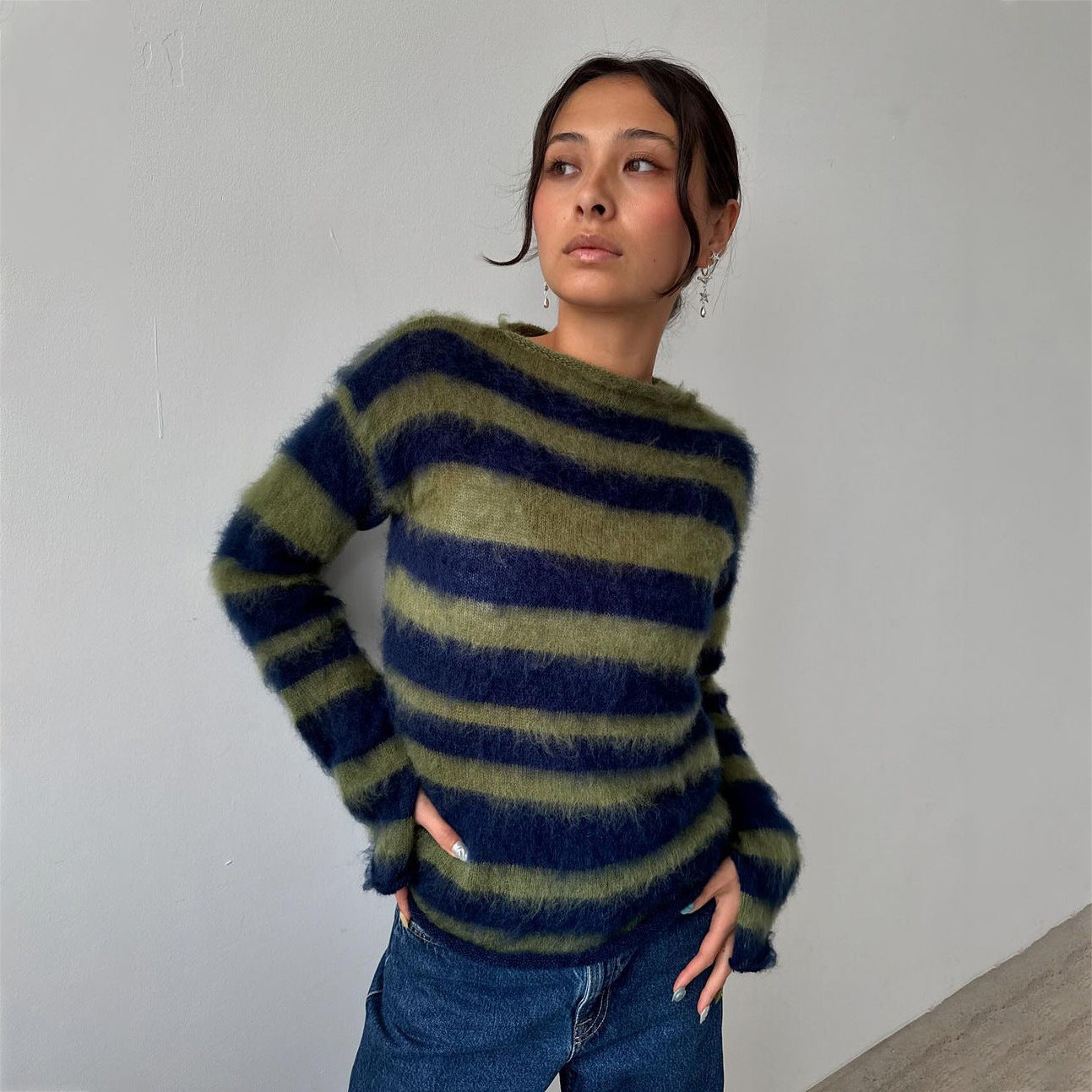Damen Mohair-Strickpullover mit modischem Streifenmuster Stalluxe
