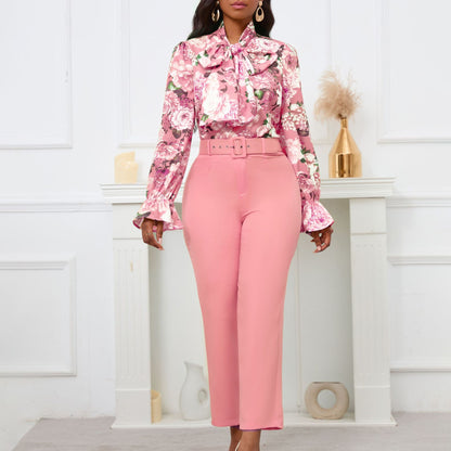 Damen elegante Bluse mit Rüschendetails und passender Hose Stalluxe