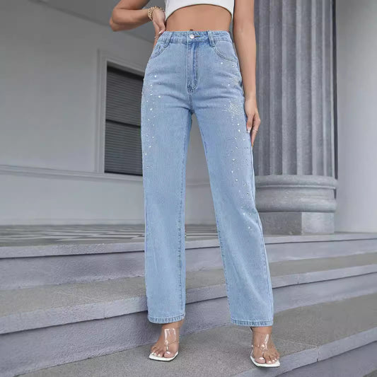 Damen Weit geschnittene Jeans mit funkelnden Strassdetails Stalluxe