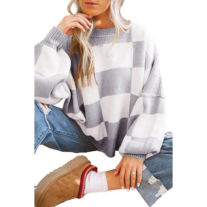 Damen Oversized Pullover mit Karomuster und voluminösen Ärmeln Stalluxe