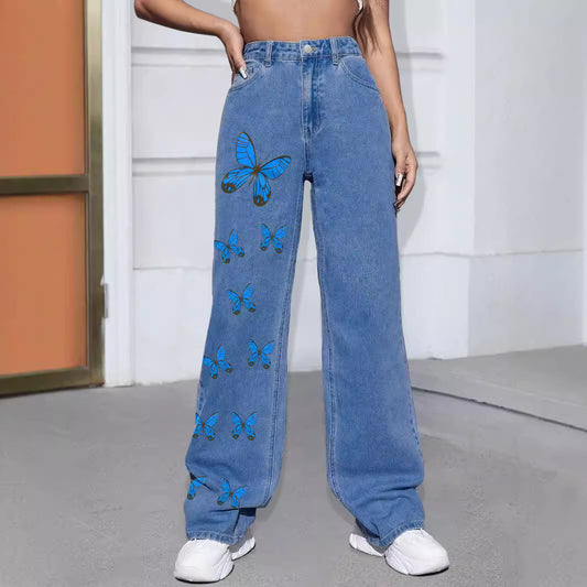 Damen Weit geschnittene Jeans mit buntem Schmetterlingsdruck Stalluxe
