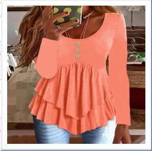 Damen Langarm Blusenshirt mit mehrlagigem Design und dekorativen Knopfdetails Stalluxe Orange