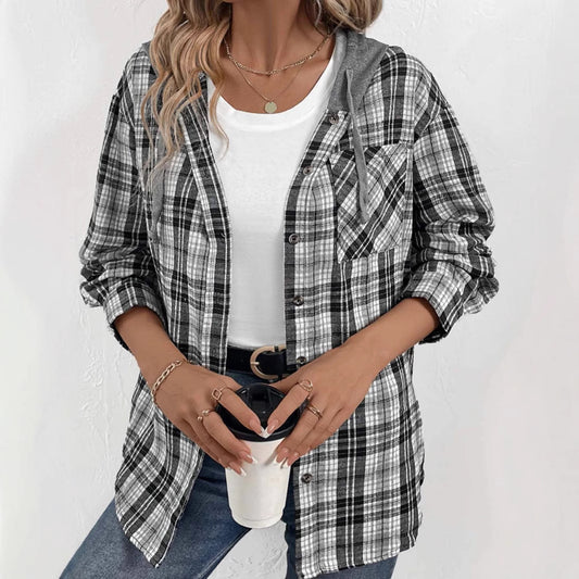 Damen lässige Flanellhemdjacke mit Kapuze und Karomuster Stalluxe