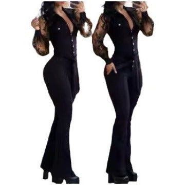Damen Eleganter Jumpsuit mit transparenten Ärmeln und tailliertem Schnitt Stalluxe
