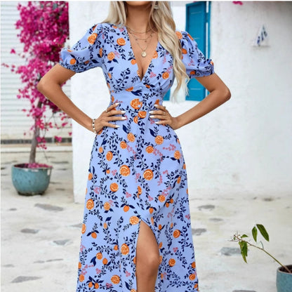 Damen Maxikleid mit durchgehendem Blumendruck und elegantem V-Ausschnitt Stalluxe