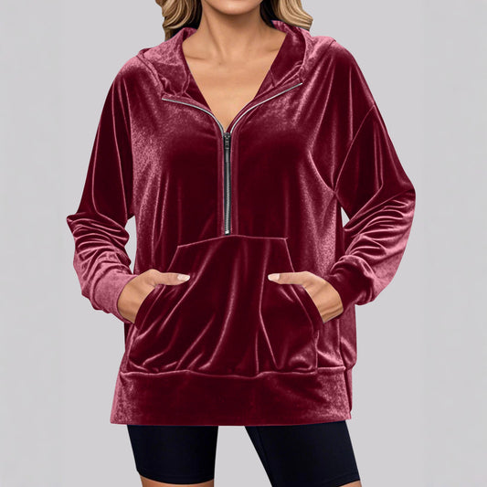 Damen Hochwertiger Kapuzenpullover aus Samt mit Reißverschluss Stalluxe