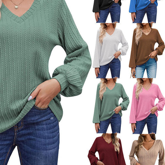 Damen Strickbluse mit feiner Rippstruktur und lässigem V-Ausschnitt Stalluxe