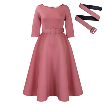 Damen Elegantes A-Linien Kleid mit Gürtel und ¾-Ärmeln Stalluxe