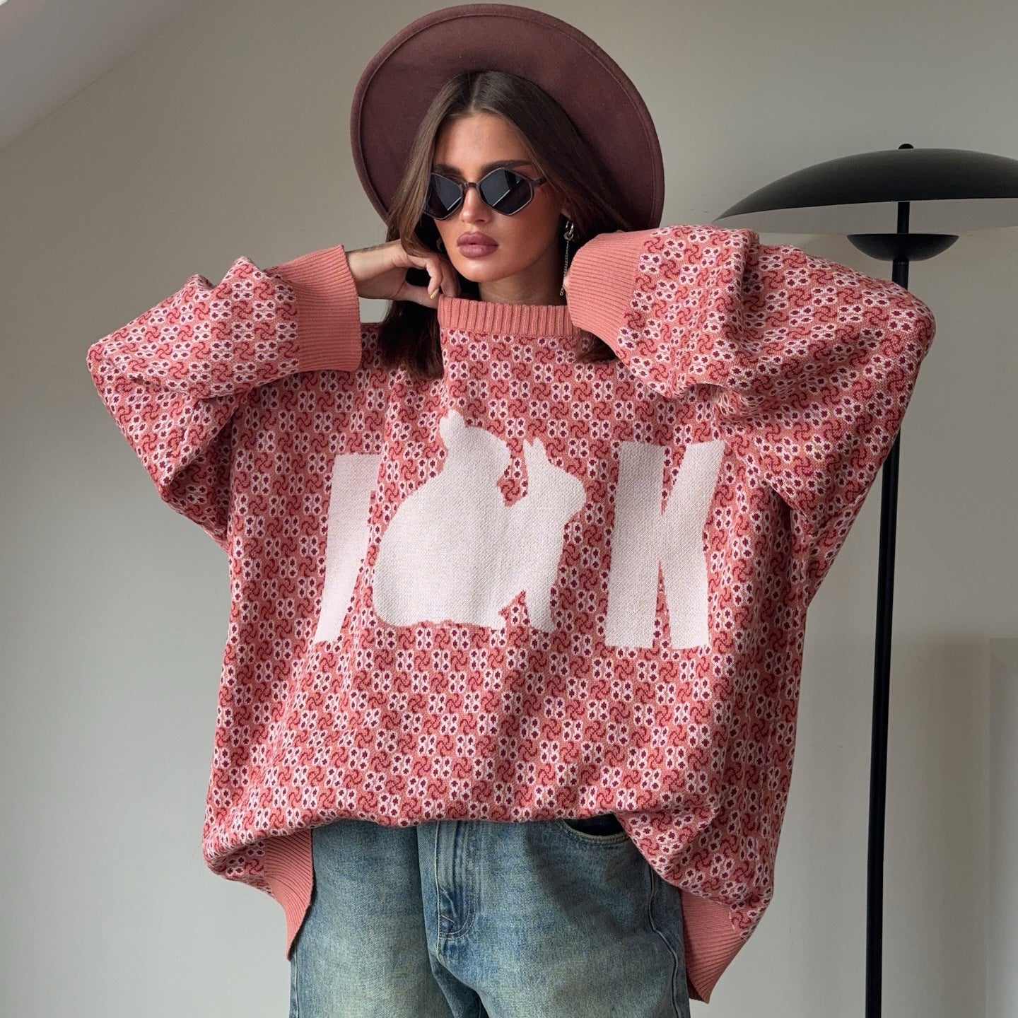 Damen Oversized Strickpullover mit kreativem Motiv Stalluxe Wassermelone