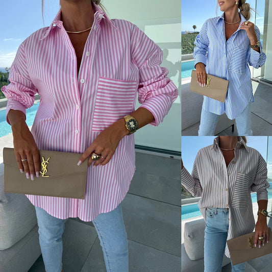 Damen Klassische Streifenbluse mit Brusttasche Stalluxe