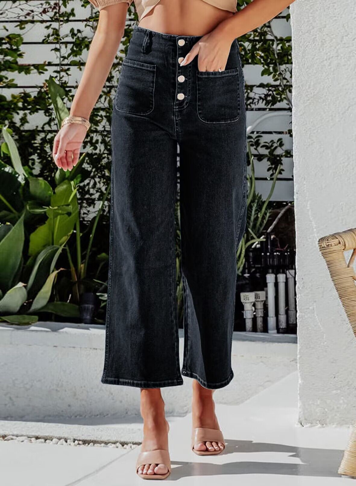 Damen Weite Jeanshose mit hohem Bund Stalluxe
