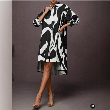 Damen Hemdblusenkleid mit modernem Grafikdruck und asymmetrischem Schnitt Stalluxe