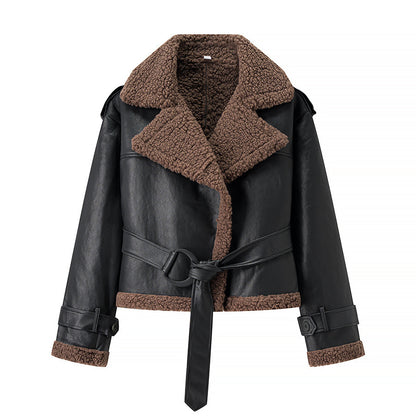 Damen modische Kunstlederjacke mit Teddyfell-Kragen und taillierbarem Gürtel Stalluxe