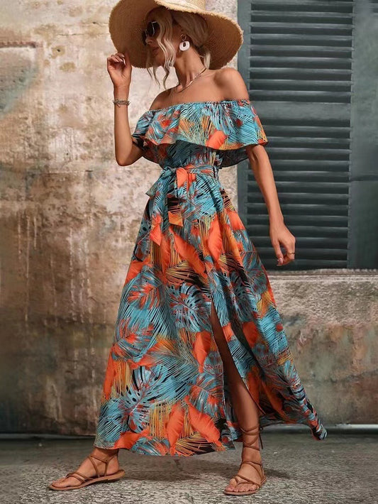 Damen Off-Shoulder Maxikleid mit floralem Design und seitlichem Schlitz Stalluxe