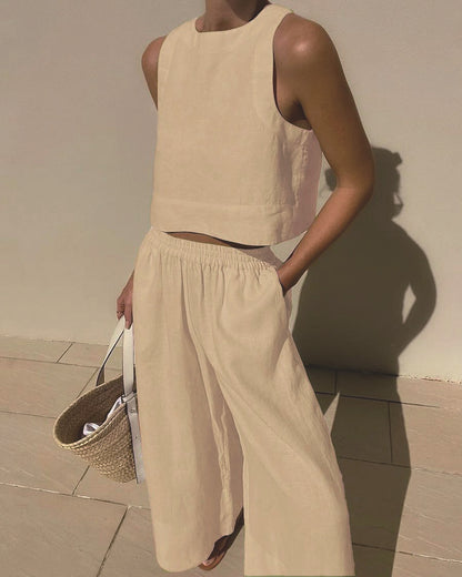 Damen luftiges und modernes Leinen-Set mit Cropped Top und weitem Hose Stalluxe