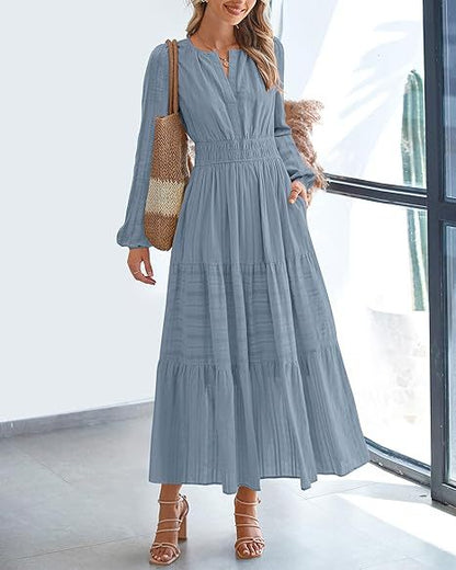 Damen Maxikleid mit eleganten Ärmeln und raffiniertem Taillengummi Stalluxe