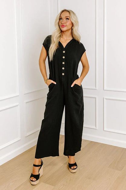 Damen Jumpsuit mit Knopfleiste und weit geschnittenem Bein Stalluxe