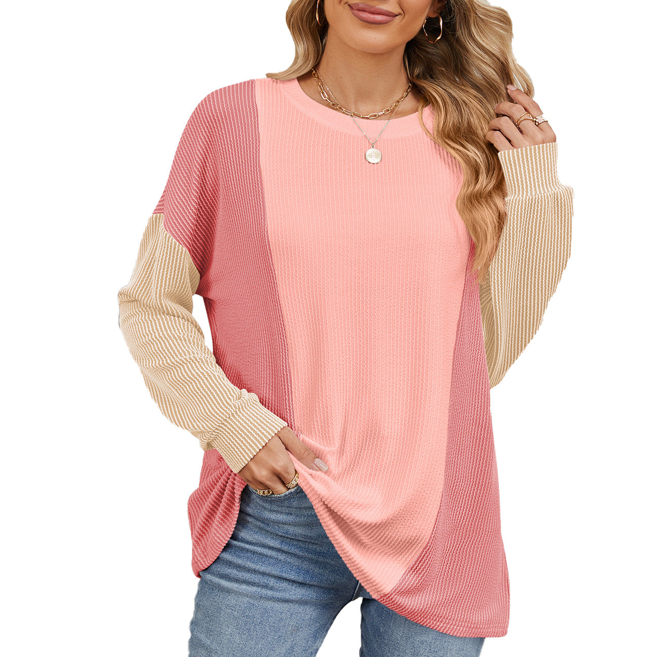 Damen oversized Pullover mit strukturiertem Rippdesign und modernen Farbblockakzenten Stalluxe